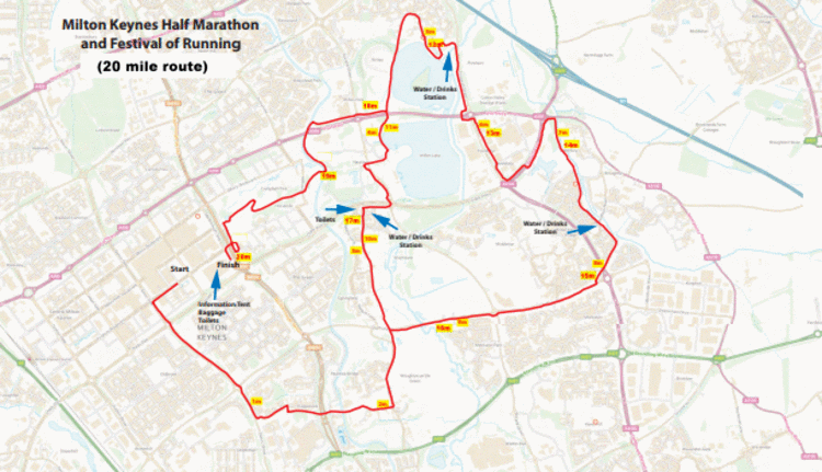 MK Festival of Running 20 Mile Course Map