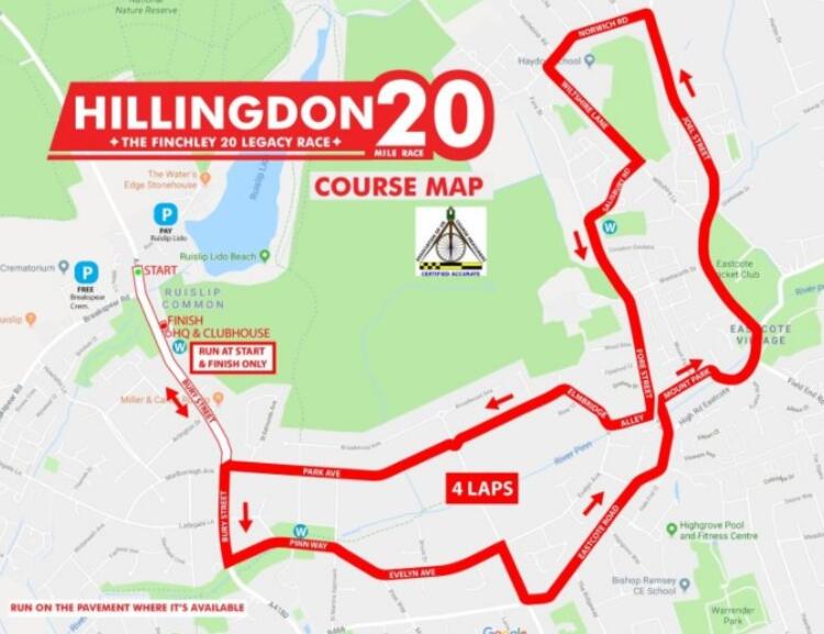 Map of Hillingdon 20 Mile Race Route